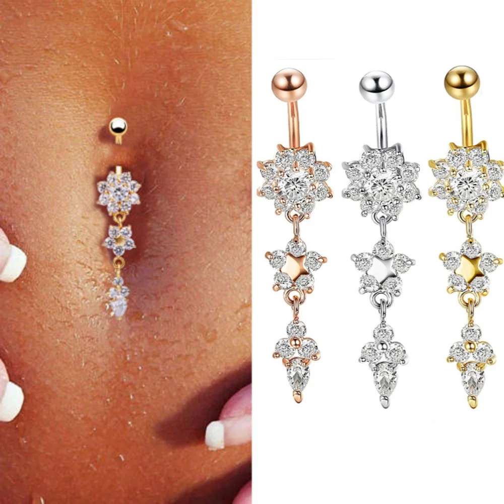 Sexy Dangle Belly Bars Belly Button Rose Gold Rings Belly Piercing CZ Crystal Flower Body Jewelry